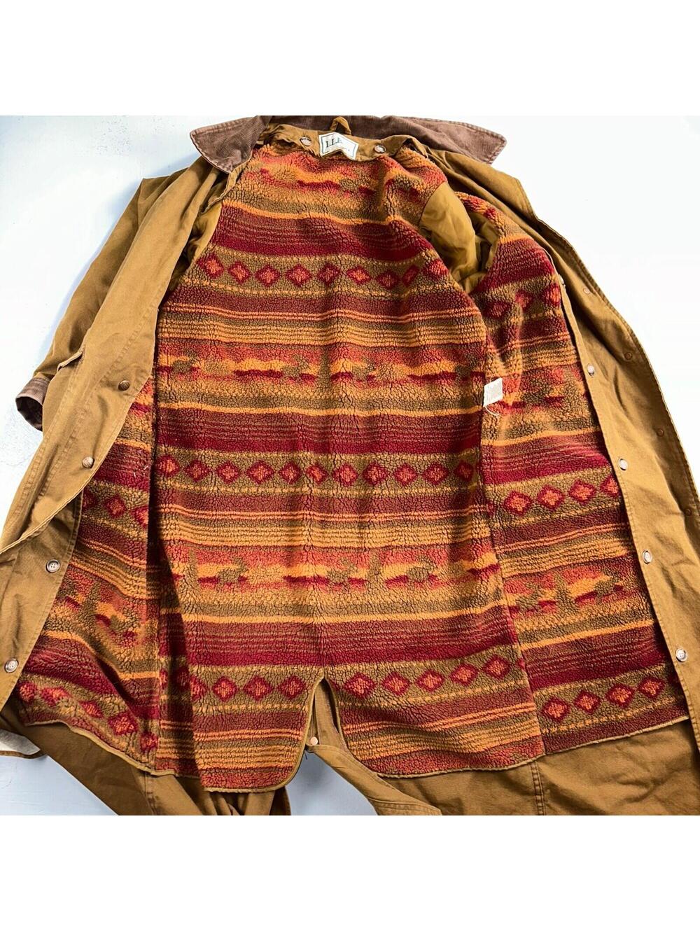 Vintage LL Bean Aztec Fleece Lined Womens Canvas Long Button Duster Coat M - Picture 3 of 16